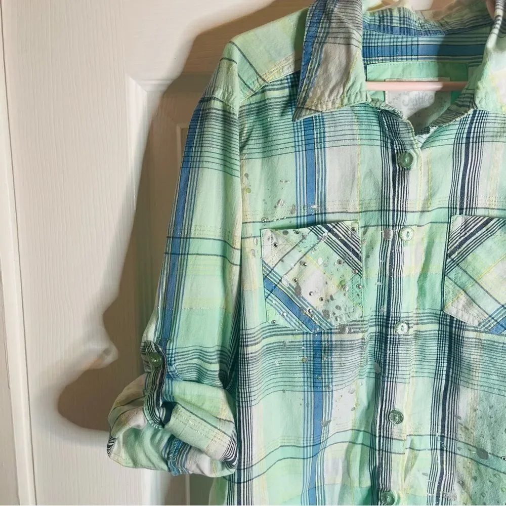 Justice Paint Splatter Silver Thread Plaid Button Down Shirt Green Blue 12